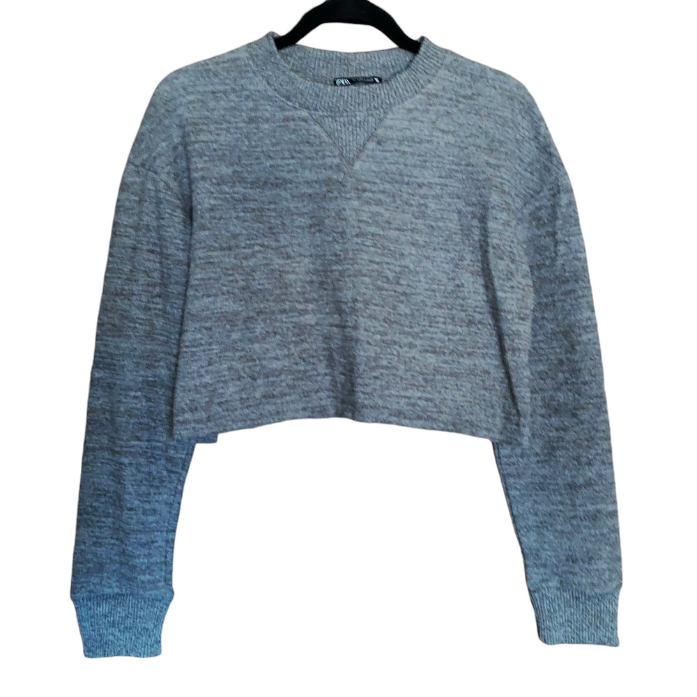 Zara Women's Gray Midriff Cropped L/S Crewneck Sweater Yoga Fitness Casual Sz SM